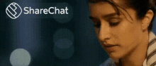 a close up of a woman 's face with the words sharechat in the background .