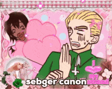 a cartoon of a man with his hands folded and the words sebger canon island below him