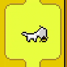 a pixel art of a white dog eating a piece of food .