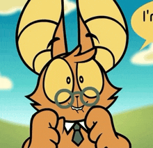 a cartoon cat wearing glasses and a tie with a speech bubble that says " i 'm "