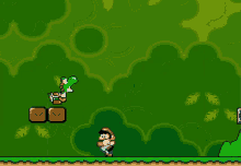 a video game scene with mario and yoshi in the background