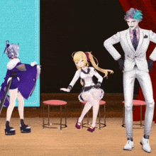 a man in a white suit and tie stands next to a girl in a purple dress