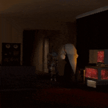 a cartoon character is standing in a living room with a tv in the background
