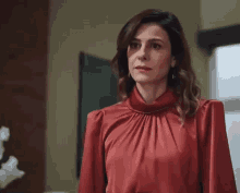a woman in a red dress is standing in front of a window in a room .