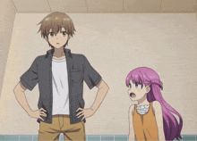 a man and a girl with purple hair are standing next to each other