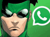 a comic book character with a green mask and sunglasses is standing next to a whatsapp logo