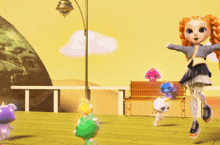 a cartoon girl is jumping in the air with her arms outstretched in front of a group of animals