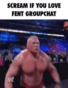 a shirtless wrestler is screaming in front of a crowd while wearing a wwe logo .