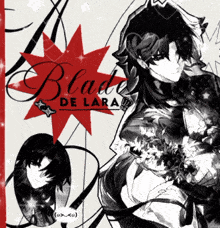 a black and white drawing of blade de lara with a red star