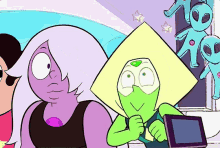 a couple of cartoon characters are standing next to each other and looking at something .