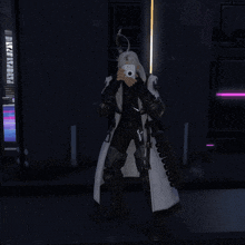a man in a white coat is holding a sword and taking a picture