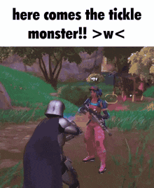 a screenshot of a video game that says here comes the tickle monster > w <