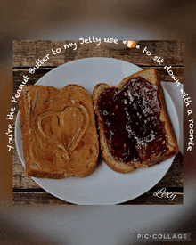 two slices of bread with peanut butter and jam on them