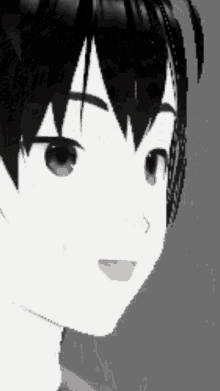 a black and white drawing of a boy with a smile on his face