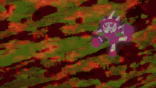 a purple and white cartoon character is flying through a green and red background .