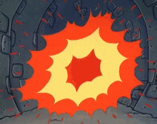a cartoon drawing of a red and yellow explosion in a dark room