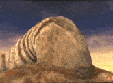 a computer generated image of a rocky hillside with a blue sky in the background