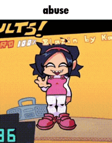a cartoon girl is standing in front of a radio with the words abuse on the bottom