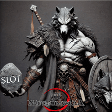 a statue of a werewolf holding a sword and shield with the word slot written on it