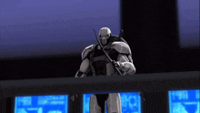 a robot is holding a sword in front of a sign that says ' io '