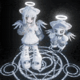 a girl with angel wings is standing next to a cat angel