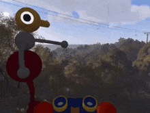 a cartoon character is standing in the middle of a forest