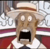 a cartoon man wearing a hat and tie is making a funny face .