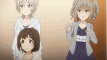 three anime girls are standing next to each other and one of them has a ponytail
