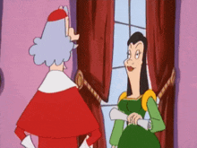 a woman in a green dress is holding a scroll while talking to a man in a red robe