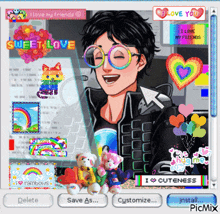 a computer screen shows a boy wearing glasses and a rainbow cat with the words sweet love on it