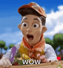 a cartoon character with a surprised look on his face and the word wow written on the bottom