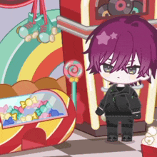 a cartoon character with purple hair is standing next to a candy machine