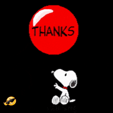 snoopy is holding a red balloon that says " thanks "