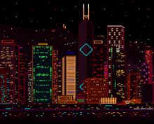 a pixel art of a city skyline at night with a building that says ' jtc ' on the top