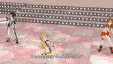 a group of anime characters are dancing on a stage with japanese writing on it