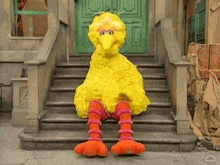 big bird from sesame street is sitting on the steps of a house