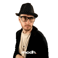a man wearing glasses and a hat has the word mcdh on the bottom