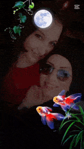 a picture of two women with goldfish and a full moon