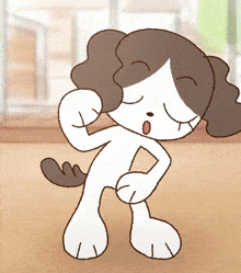 a brown and white cartoon dog is standing on its hind legs with its eyes closed