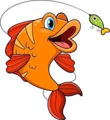 a cartoon fish is catching a green fish on a fishing line