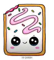 a cartoon drawing of a toaster pastry with pink frosting and sprinkles says hi queen