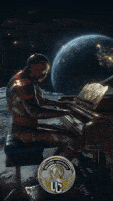 a poster of a man playing a piano with the words " divisi nostalgia universe c "