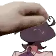 a hand is holding a cartoon character 's head in a pixelated image .