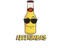 a cartoon drawing of a beer bottle wearing sunglasses and the words alelumbas below it