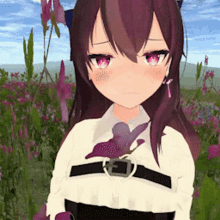 a girl with purple hair and red eyes is standing in a field of pink flowers