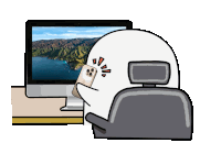 a cartoon drawing of a seal holding a phone in front of a computer monitor