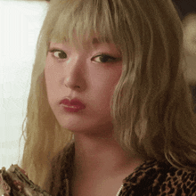 a woman with blonde hair and a leopard print shirt looks at the camera