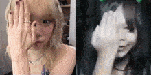 a woman with blonde hair is covering her face with her hands and a black and white photo of a woman covering her face with her hands .