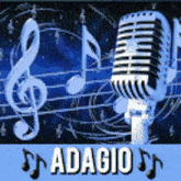 a microphone is surrounded by music notes and the word adagio