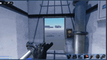 a screenshot of a video game shows a person holding a gun in front of a door